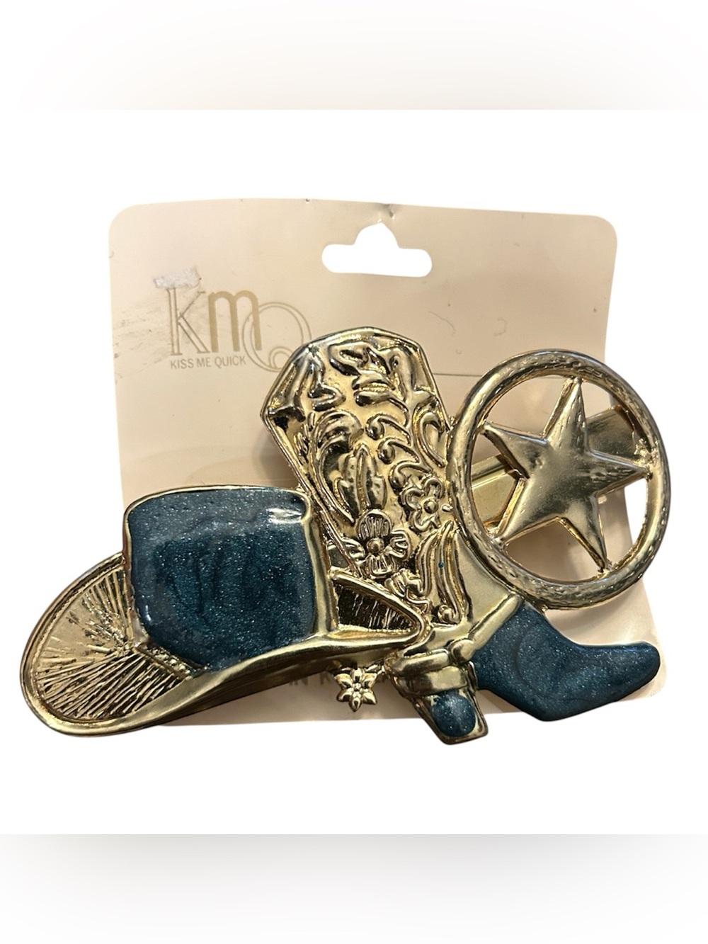 80s 90s Vintage Western Cowgirl Boot & Belt Buckle Emblem Teal & Gold Hair Clip